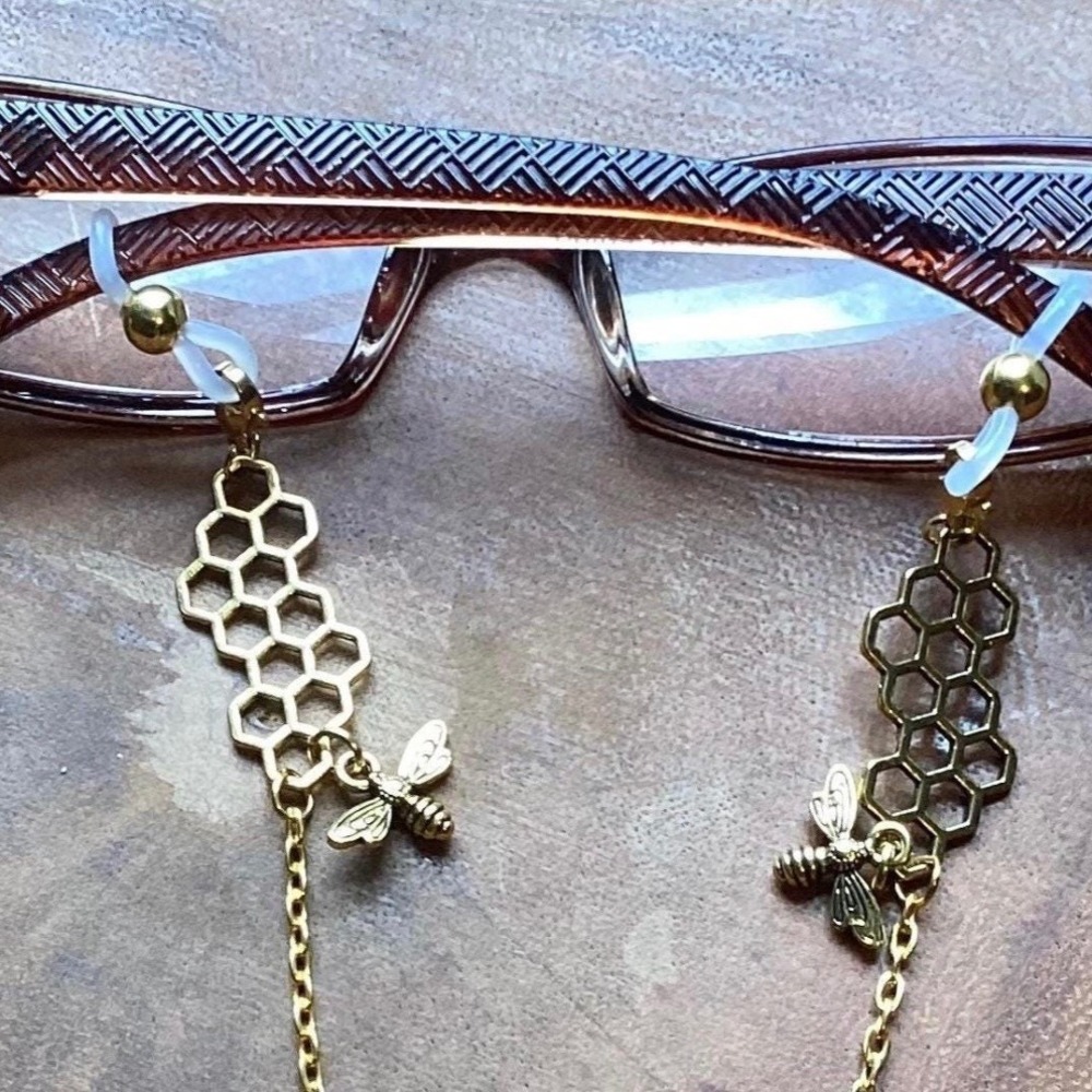 Honeycomb Bee Eyeglass Chain Whimsical Readers Holder Gold or Silver 27" Long - Picture 8 of 10